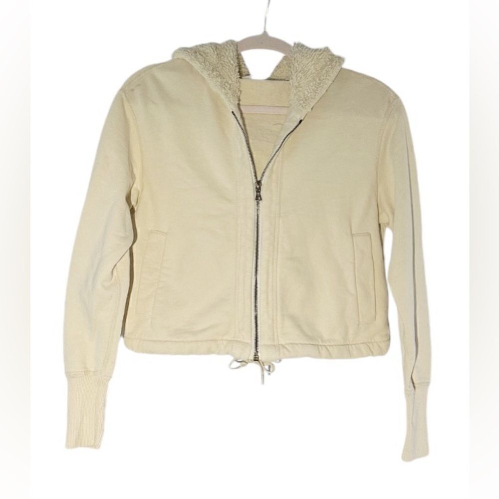 James Perse Cream Cropped Hooded Zip Up Sweatshirt Size Small